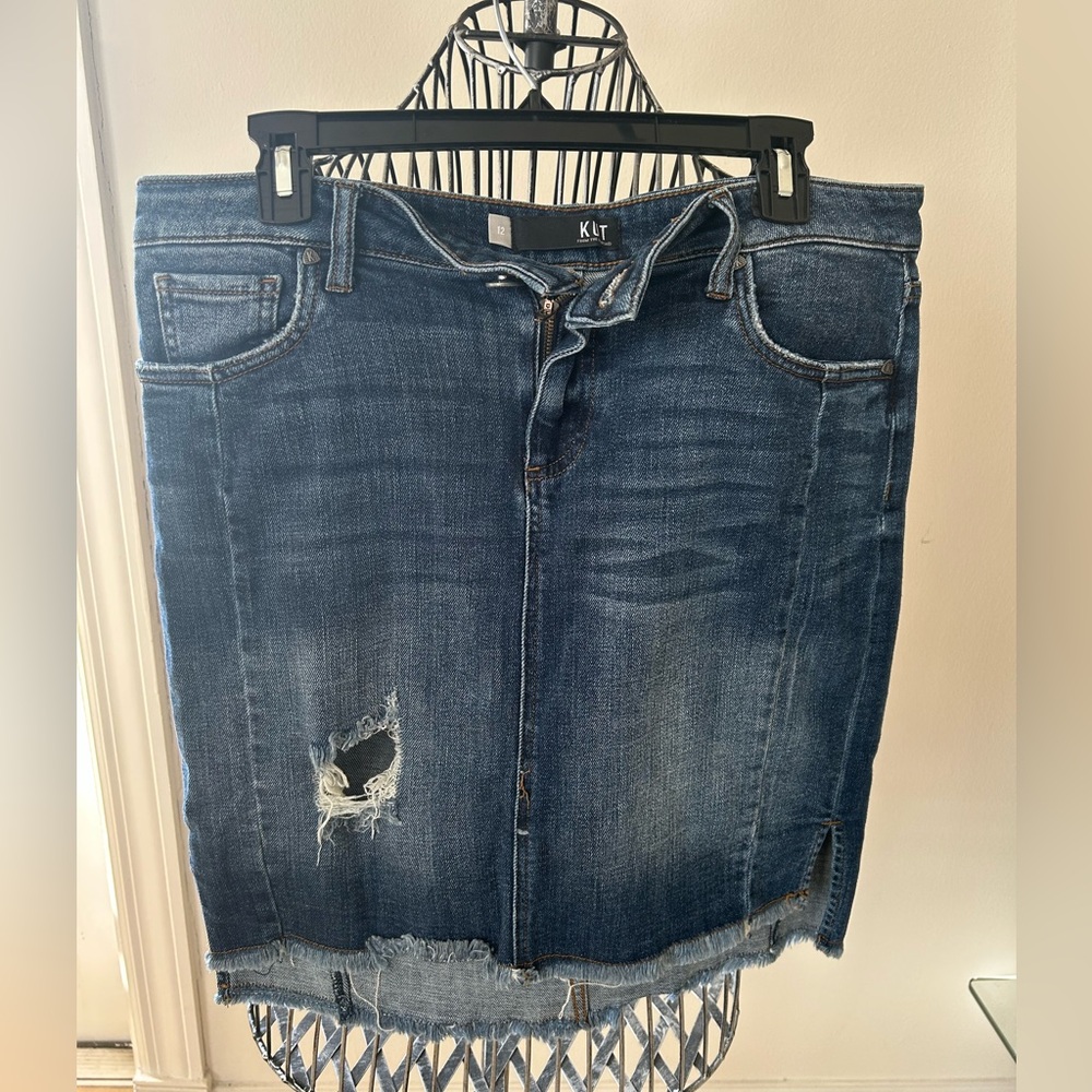Kut from the Kloth Distressed Blue Denim mini Pencil Skirt